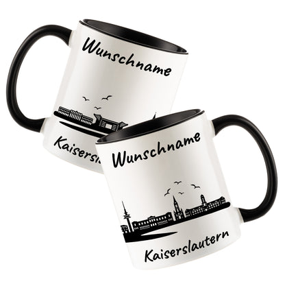 Tasse in Schwarz 330ml bedruckt mit der Skyline von Kaiserslautern personalisierbar mit Wunschname