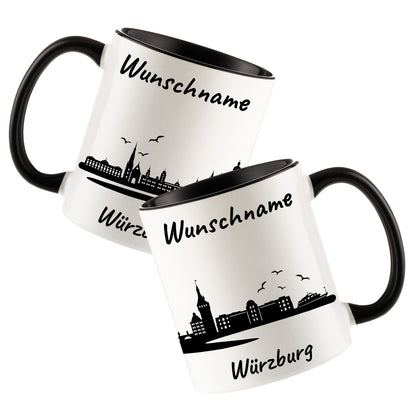 Tasse in Schwarz 330ml bedruckt mit der Skyline von Würzburg personalisierbar mit Wunschname
