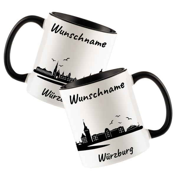 Tasse in Schwarz 330ml bedruckt mit der Skyline von Würzburg personalisierbar mit Wunschname