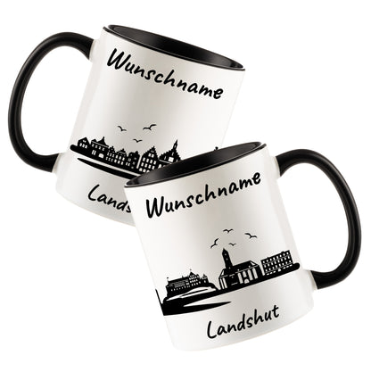 Tasse in Schwarz 330ml bedruckt mit der Skyline von Landshut personalisierbar mit Wunschname