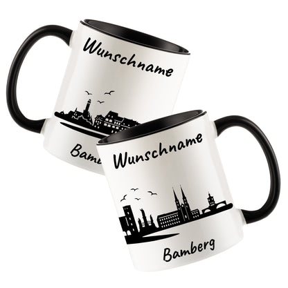 Tasse in Schwarz 330ml bedruckt mit der Skyline von Bamberg personalisierbar mit Wunschname
