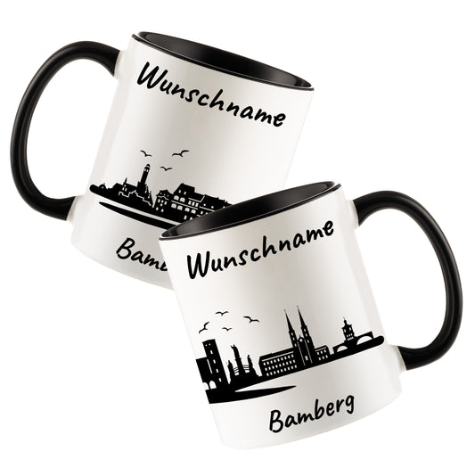 Tasse in Schwarz 330ml bedruckt mit der Skyline von Bamberg personalisierbar mit Wunschname