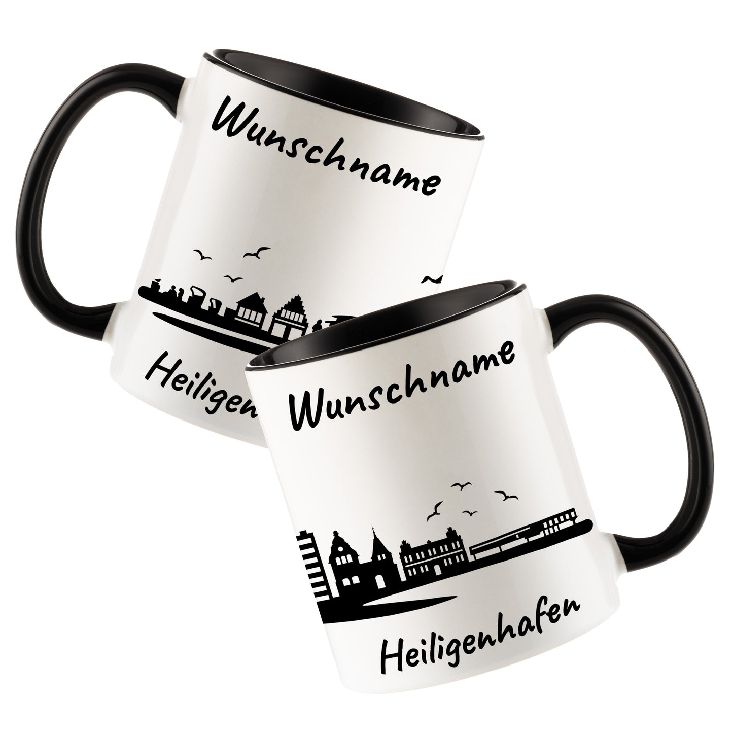 Tasse in Schwarz 330ml bedruckt mit der Skyline von Heiligenhafen personalisierbar mit Wunschname
