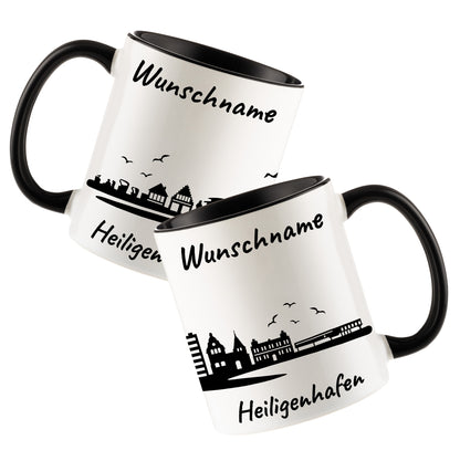 Tasse in Schwarz 330ml bedruckt mit der Skyline von Heiligenhafen personalisierbar mit Wunschname