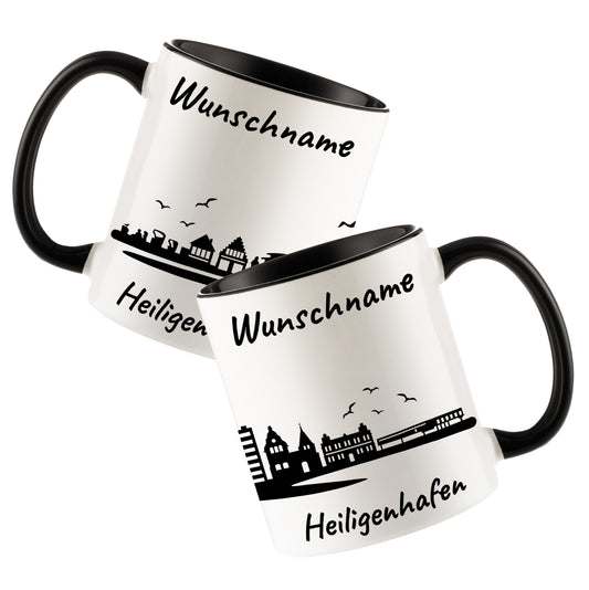 Tasse in Schwarz 330ml bedruckt mit der Skyline von Heiligenhafen personalisierbar mit Wunschname