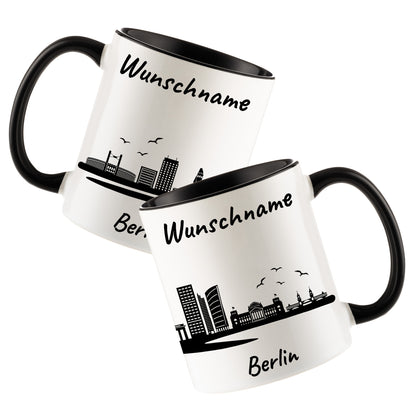 Tasse in Schwarz 330ml bedruckt mit der Skyline von Berlin personalisierbar mit Wunschname