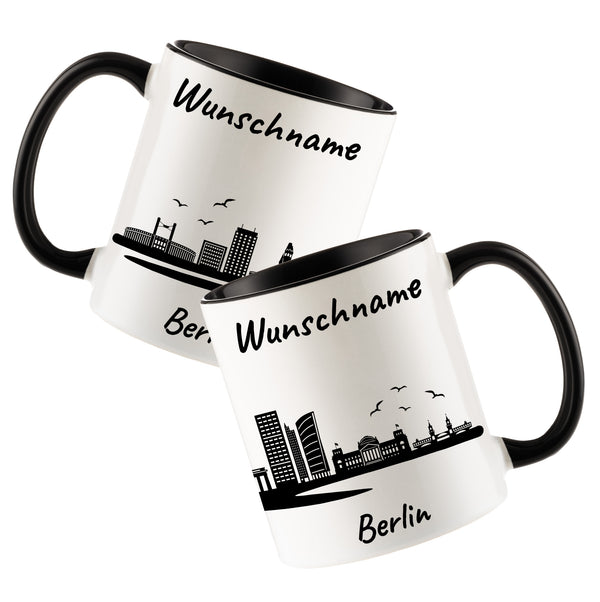 Tasse in Schwarz 330ml bedruckt mit der Skyline von Berlin personalisierbar mit Wunschname