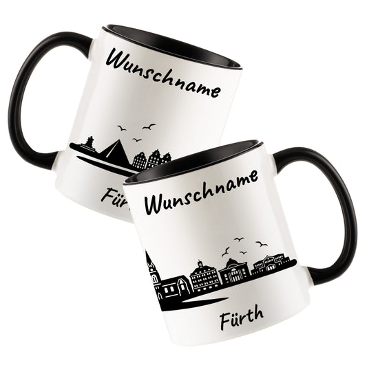 Tasse in Schwarz 330ml bedruckt mit der Skyline von Fürth personalisierbar mit Wunschname