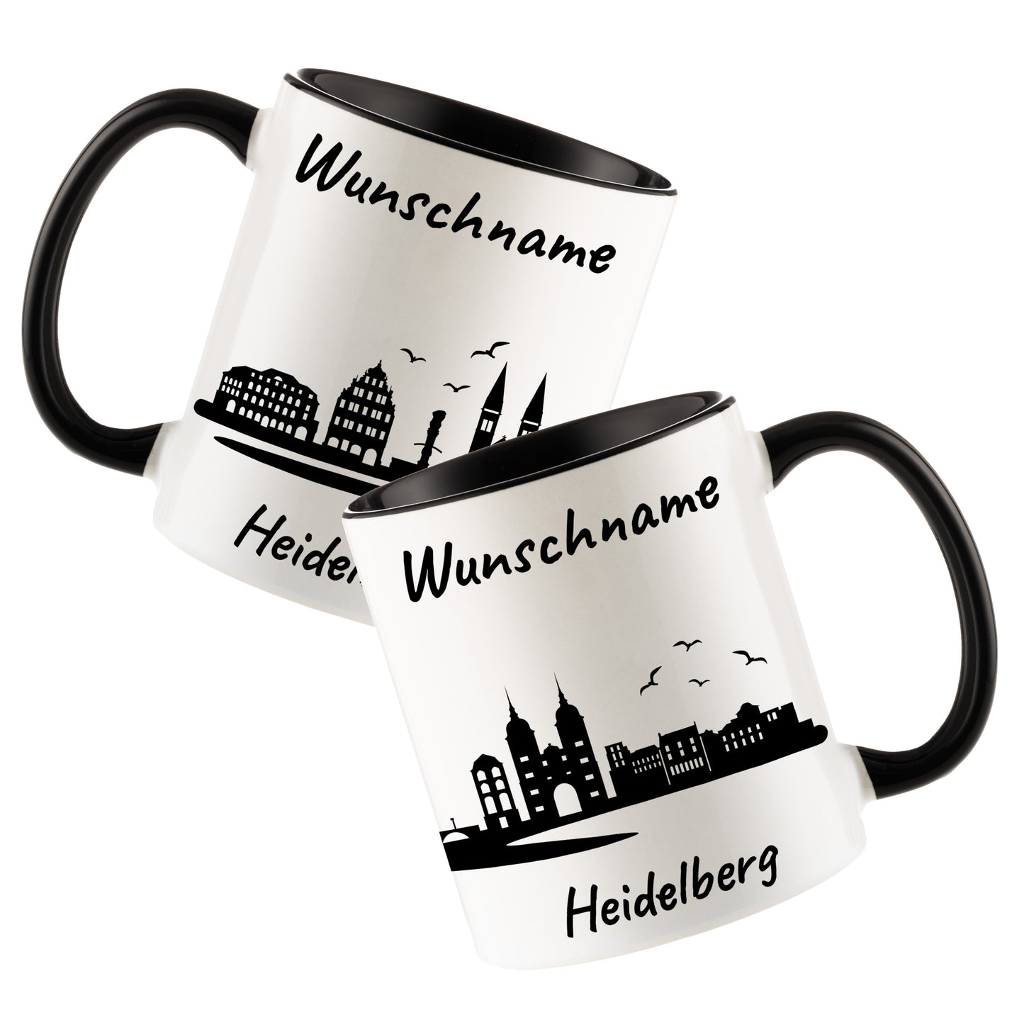 Tasse in Schwarz 330ml bedruckt mit der Skyline von Heidelberg personalisierbar mit Wunschname