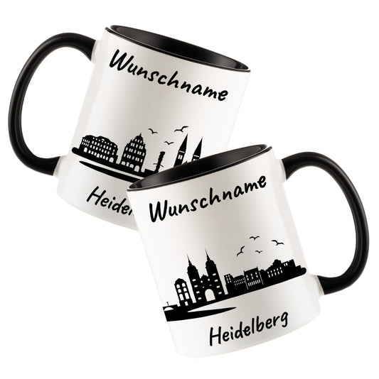 Tasse in Schwarz 330ml bedruckt mit der Skyline von Heidelberg personalisierbar mit Wunschname