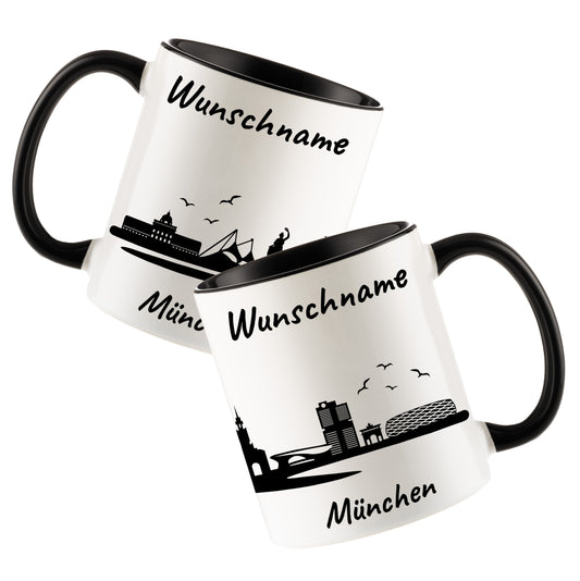 Tasse in Schwarz 330ml bedruckt mit der Skyline von München personalisierbar mit Wunschname