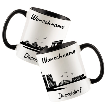 Tasse in Schwarz 330ml bedruckt mit der Skyline von Düsseldorf personalisierbar mit Wunschname