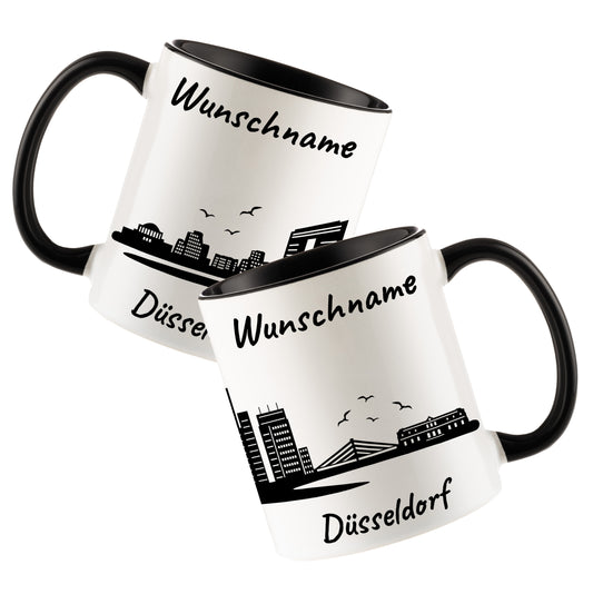 Tasse in Schwarz 330ml bedruckt mit der Skyline von Düsseldorf personalisierbar mit Wunschname