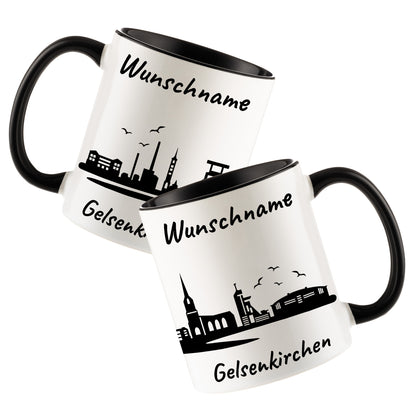 Tasse in Schwarz 330ml bedruckt mit der Skyline von Gelsenkirchen personalisierbar mit Wunschname