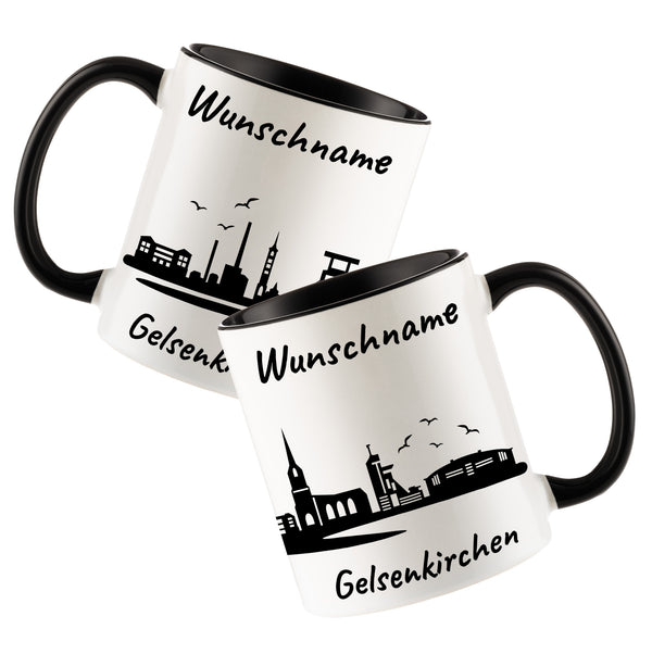 Tasse in Schwarz 330ml bedruckt mit der Skyline von Gelsenkirchen personalisierbar mit Wunschname