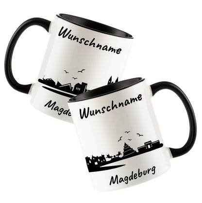 Tasse in Schwarz 330ml bedruckt mit der Skyline von Magdeburg personalisierbar mit Wunschname