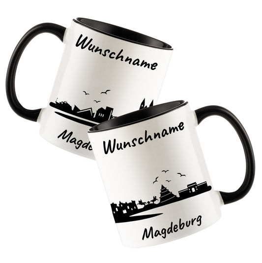 Tasse in Schwarz 330ml bedruckt mit der Skyline von Magdeburg personalisierbar mit Wunschname
