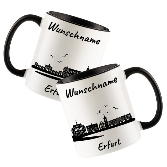 Tasse in Schwarz 330ml bedruckt mit der Skyline von Erfurt personalisierbar mit Wunschname