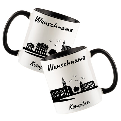 Tasse in Schwarz 330ml bedruckt mit der Skyline von Kempten personalisierbar mit Wunschname