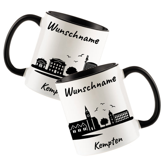 Tasse in Schwarz 330ml bedruckt mit der Skyline von Kempten personalisierbar mit Wunschname
