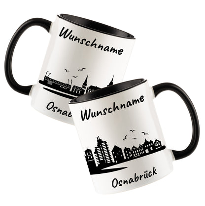 Tasse in Schwarz 330ml bedruckt mit der Skyline von Osnabrück personalisierbar mit Wunschname