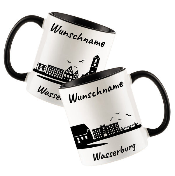Tasse in Schwarz 330ml bedruckt mit der Skyline von Wasserburg personalisierbar mit Wunschname