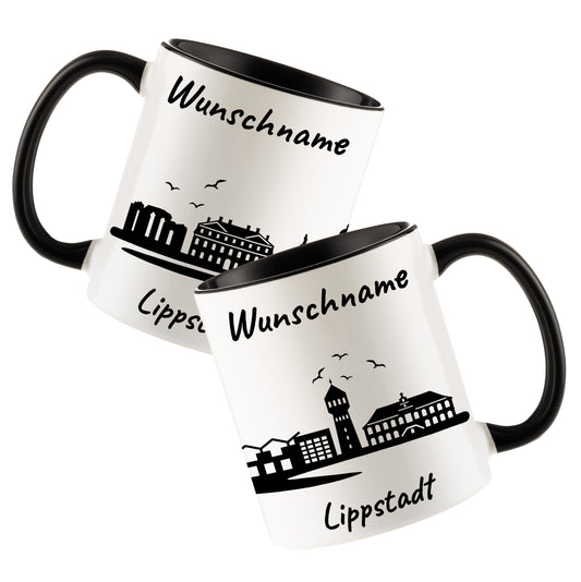 Tasse in Schwarz 330ml bedruckt mit der Skyline von Lippstadt personalisierbar mit Wunschname