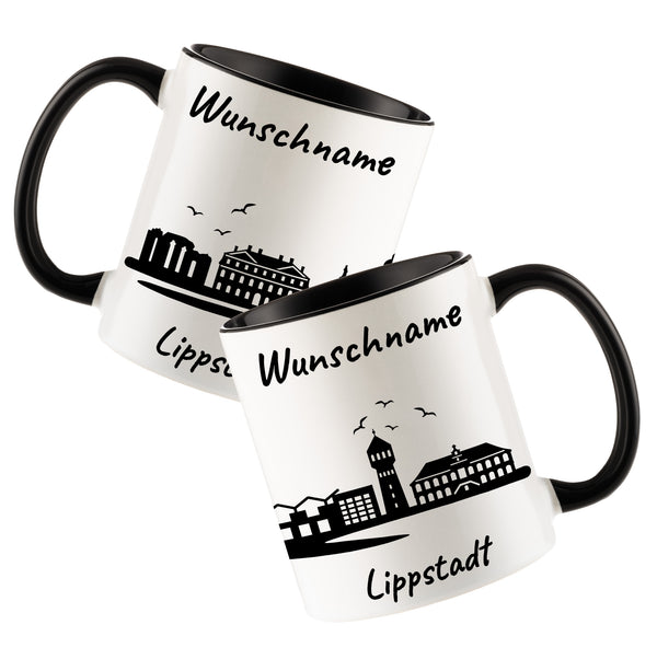 Tasse in Schwarz 330ml bedruckt mit der Skyline von Lippstadt personalisierbar mit Wunschname