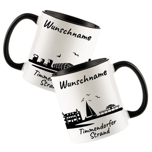 Tasse in Schwarz 330ml bedruckt mit der Skyline von Timmendorfer Strand personalisierbar mit Wunschname