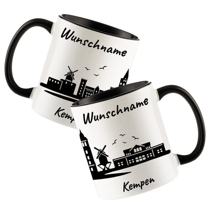 Tasse in Schwarz 330ml bedruckt mit der Skyline von Kempen personalisierbar mit Wunschname