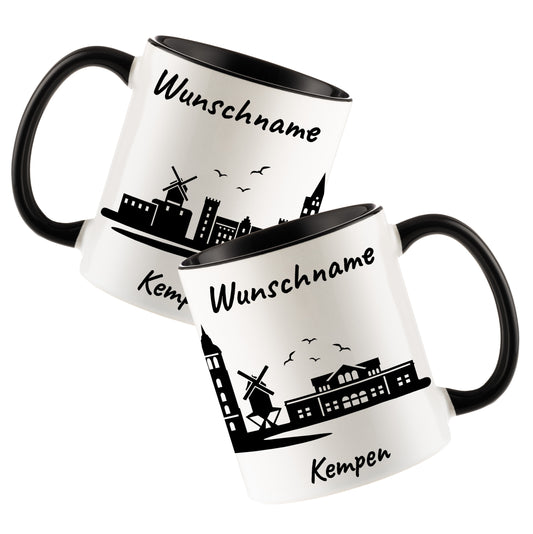 Tasse in Schwarz 330ml bedruckt mit der Skyline von Kempen personalisierbar mit Wunschname