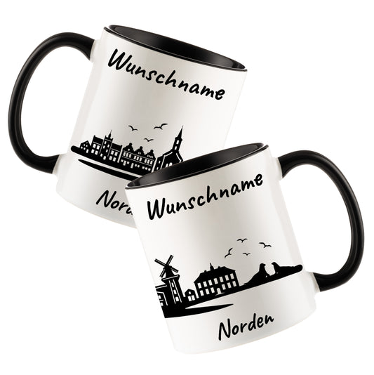 Tasse in Schwarz 330ml bedruckt mit der Skyline von Norden personalisierbar mit Wunschname