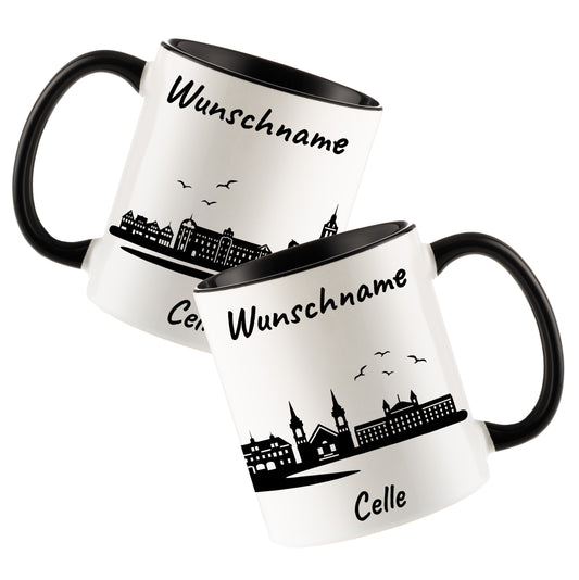 Tasse in Schwarz 330ml bedruckt mit der Skyline von Celle personalisierbar mit Wunschname