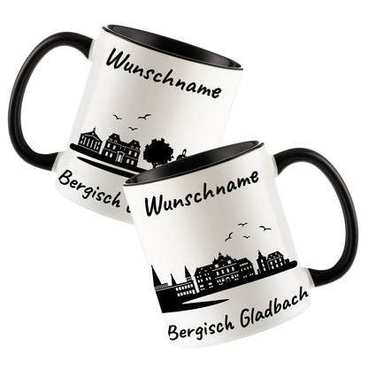 Tasse in Schwarz 330ml bedruckt mit der Skyline von Bergisch Gladbach personalisierbar mit Wunschname