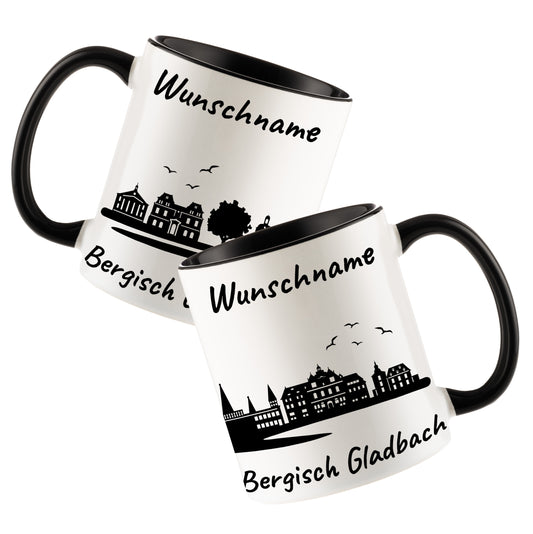 Tasse in Schwarz 330ml bedruckt mit der Skyline von Bergisch Gladbach personalisierbar mit Wunschname