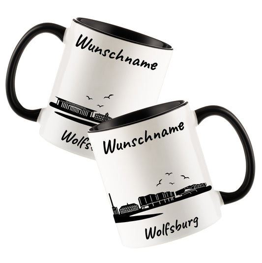 Tasse in Schwarz 330ml bedruckt mit der Skyline von Wolfsburg personalisierbar mit Wunschname
