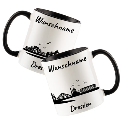 Tasse in Schwarz 330ml bedruckt mit der Skyline von Dresden personalisierbar mit Wunschname