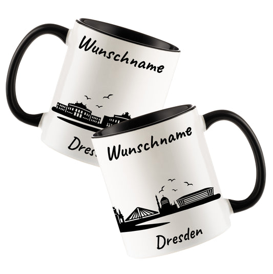 Tasse in Schwarz 330ml bedruckt mit der Skyline von Dresden personalisierbar mit Wunschname