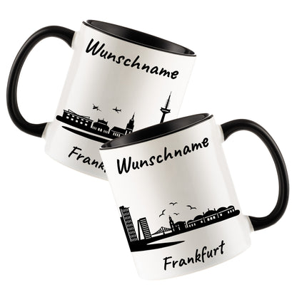 Tasse in Schwarz 330ml bedruckt mit der Skyline von Frankfurt personalisierbar mit Wunschname