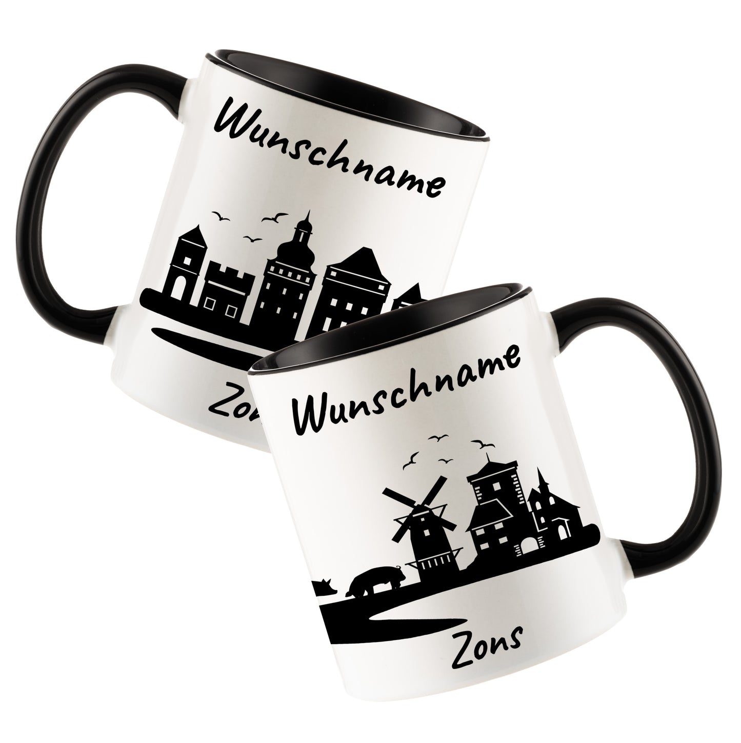 Tasse in Schwarz 330ml bedruckt mit der Skyline von Zons (Dormagen) personalisierbar mit Wunschname
