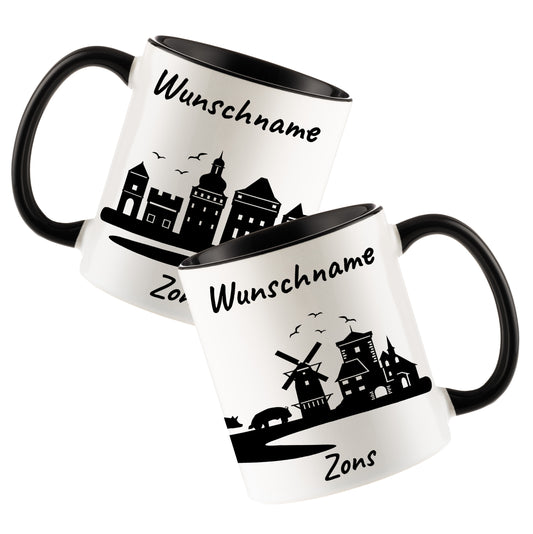 Tasse in Schwarz 330ml bedruckt mit der Skyline von Zons (Dormagen) personalisierbar mit Wunschname