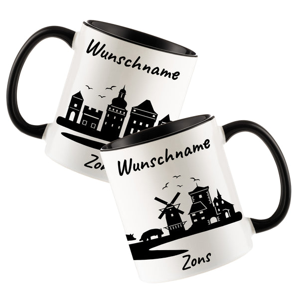 Tasse in Schwarz 330ml bedruckt mit der Skyline von Zons (Dormagen) personalisierbar mit Wunschname