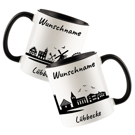 Tasse in Schwarz 330ml bedruckt mit der Skyline von Lübbecke personalisierbar mit Wunschname