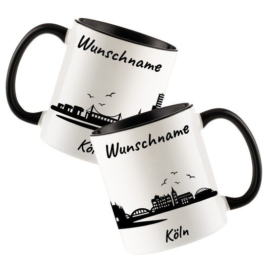 Tasse in Schwarz 330ml bedruckt mit der Skyline von Köln personalisierbar mit Wunschname