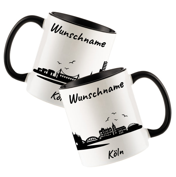 Tasse in Schwarz 330ml bedruckt mit der Skyline von Köln personalisierbar mit Wunschname