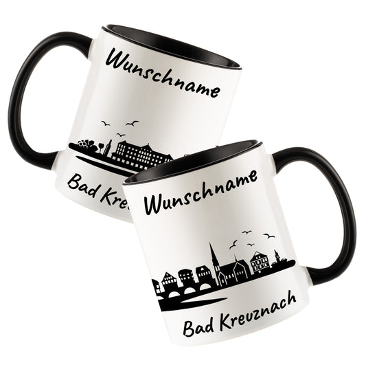 Tasse in Schwarz 330ml bedruckt mit der Skyline von Bad Kreuznach personalisierbar mit Wunschname