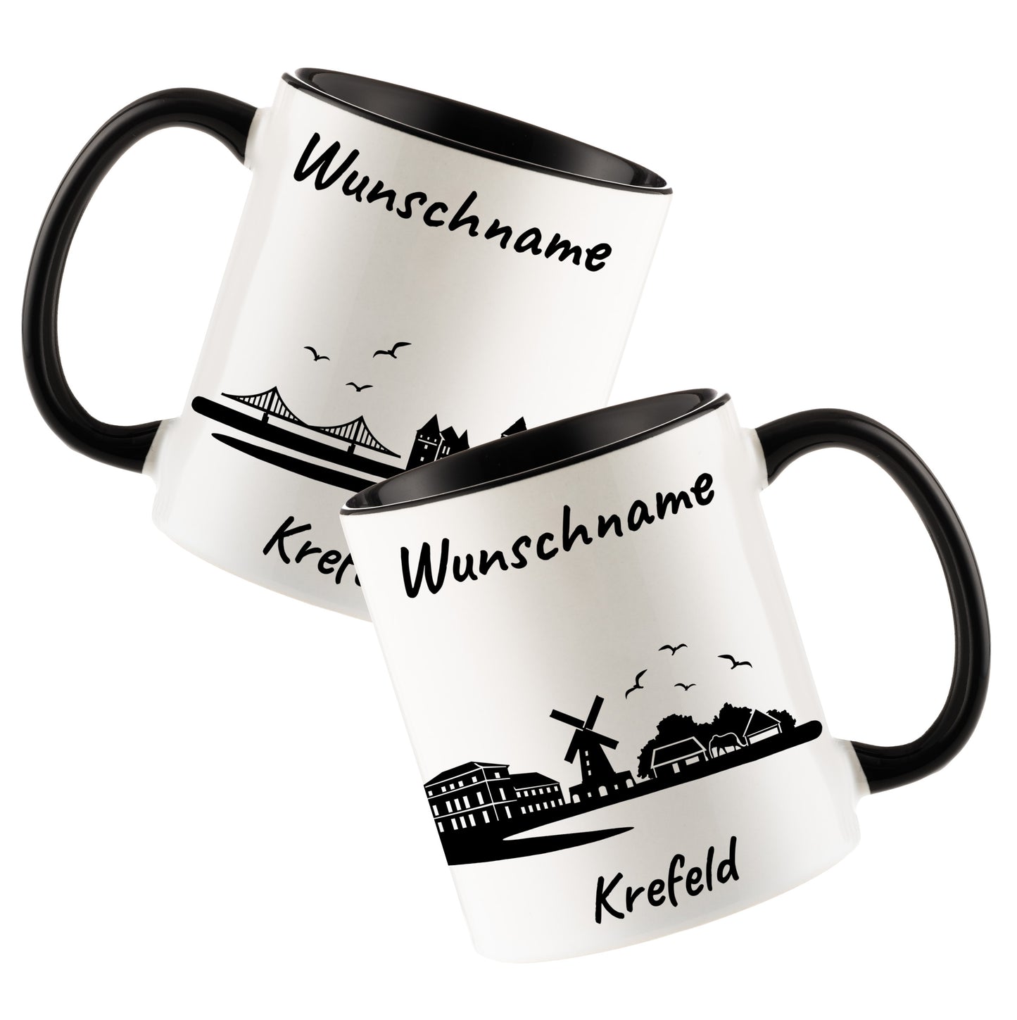 Tasse in Schwarz 330ml bedruckt mit der Skyline von Krefeld personalisierbar mit Wunschname
