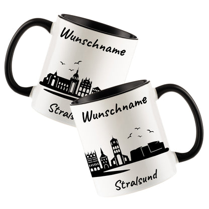 Tasse in Schwarz 330ml bedruckt mit der Skyline von Stralsund personalisierbar mit Wunschname