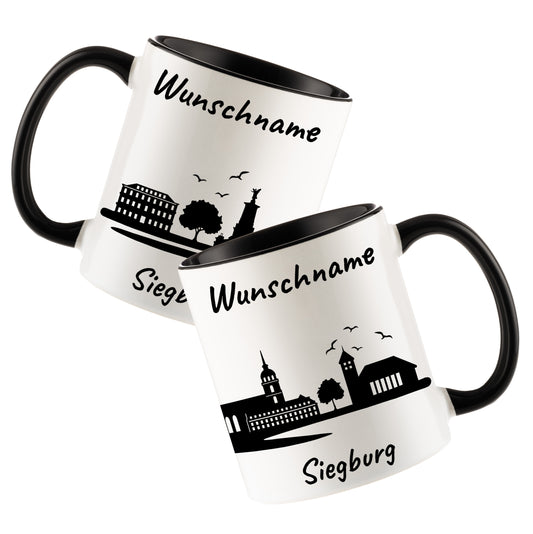 Tasse in Schwarz 330ml bedruckt mit der Skyline von Siegburg personalisierbar mit Wunschname