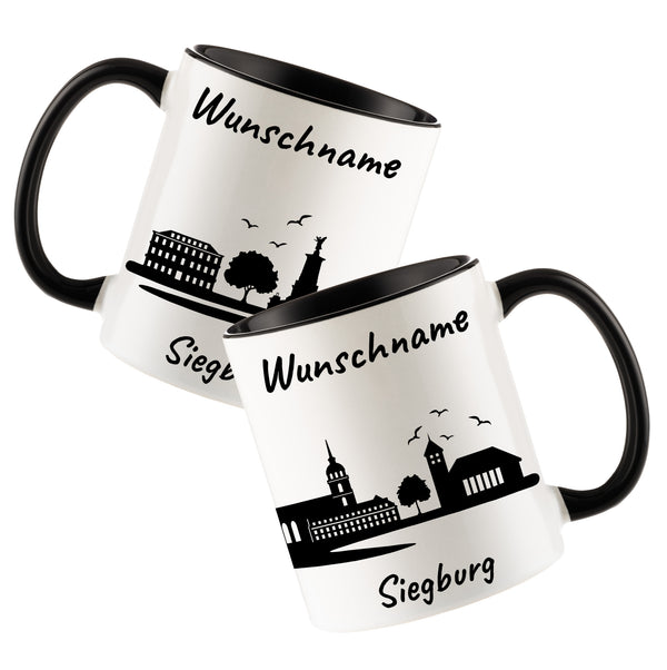 Tasse in Schwarz 330ml bedruckt mit der Skyline von Siegburg personalisierbar mit Wunschname
